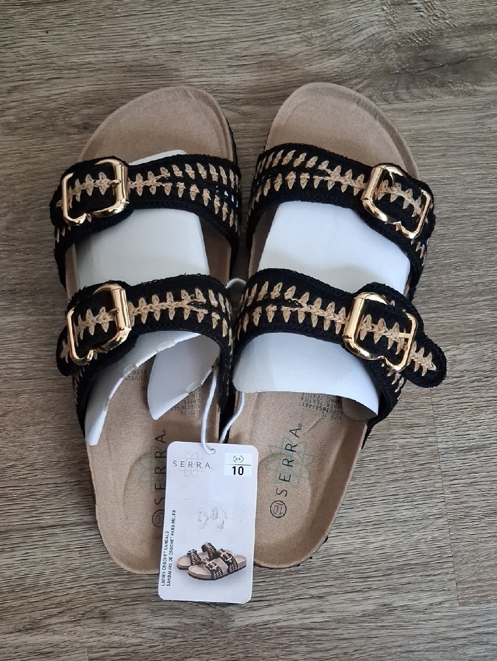 Serra Black and Tan Woven Double-Buckle Slide Sandals